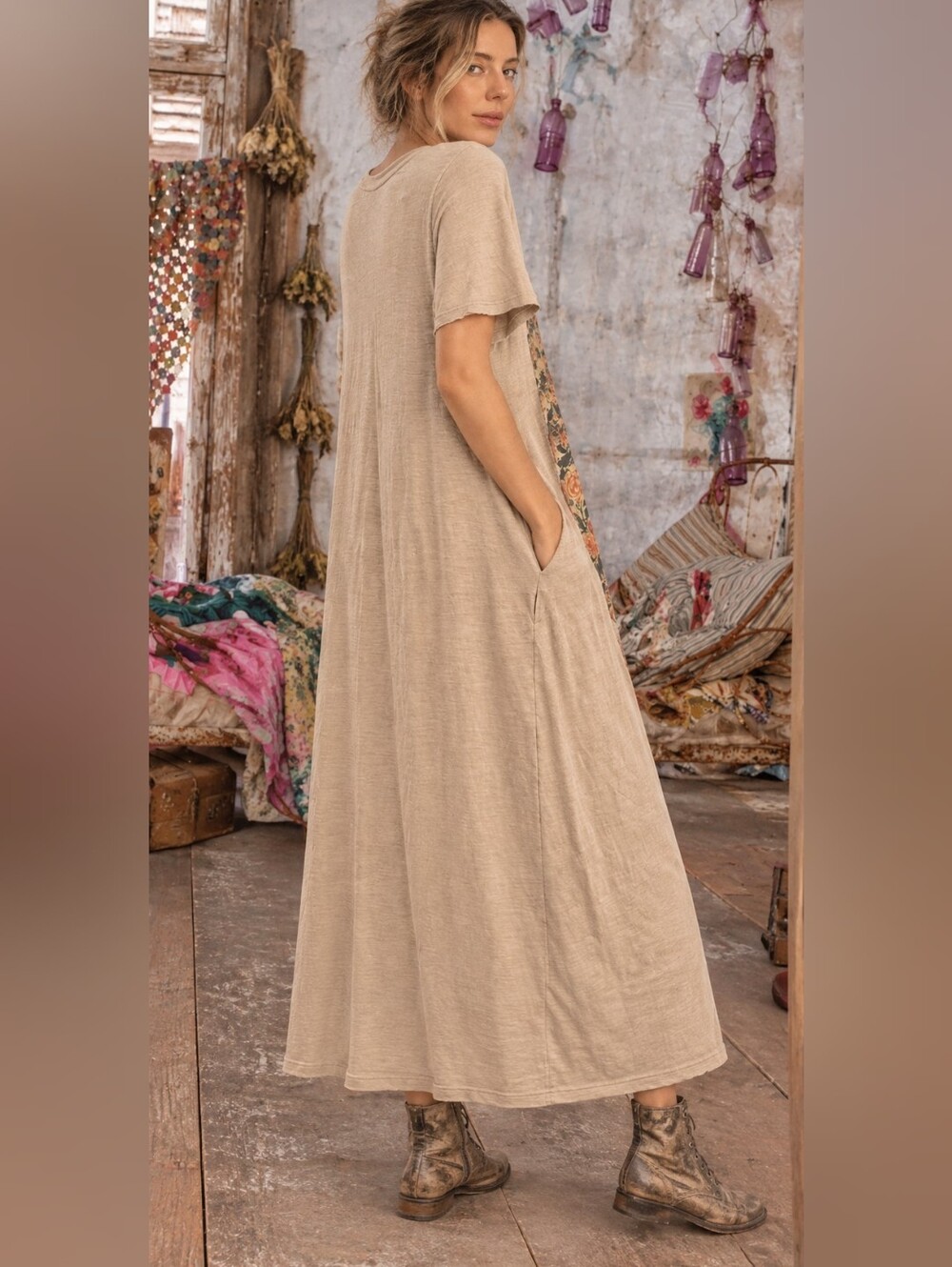 Magnolia Style Free Relaxed Beige Bohemian Long boho Maxi Dress with Pockets S - Picture 2 of 16